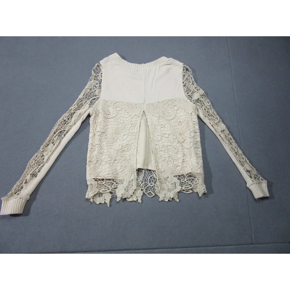 Free People Top Womens XS Ivory Cream Lace Knit Long Sleeve Crochet Boho Floral